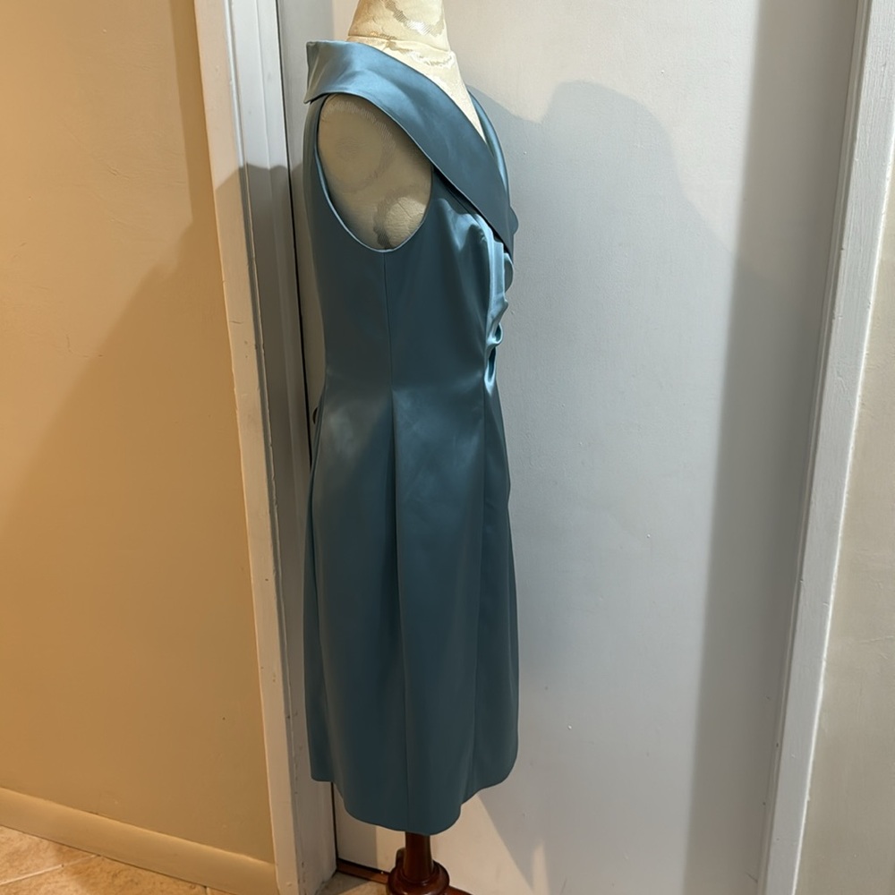 Silk Misty Blue Portrait Collar Ruched Sleeveless Tea Length Dress 10 - Picture 6 of 14